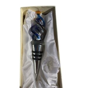 Hand Blown Art Glass Wine Bottle Stopper Blue Silver Swirl Chrome Base with Box